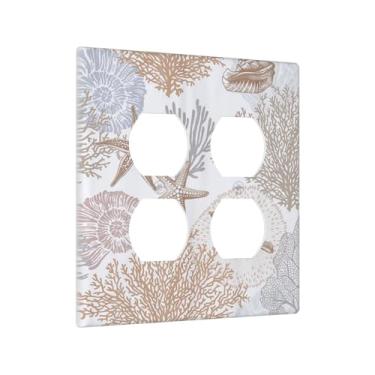 Imagem de Yamxbfa Capas decorativas para tomada marrom, coral, estrela-do-mar, concha, oceano, praia, 2 gangs, receptáculo duplex, dois interruptores, interruptor de luz, placa jumbo dupla face