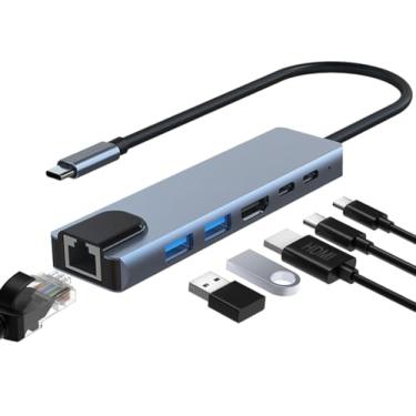Imagem de Hub USB C 6 em 1, adaptador Ethernet multiportas com HDMI 4K, porta Ethernet RJ45, USB 3.0/2.0, USB C, PD100W, adequado para MacBook Pro/Air, iPad Pro, Dell XPS, etc