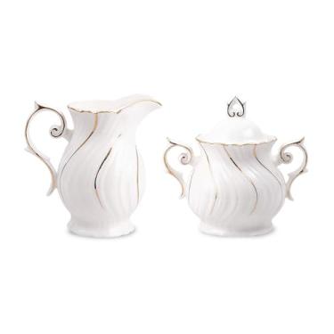 Imagem de Agyiuns Conjunto de cerâmica para açúcar e creme, jarro de creme e açucareiro com tampa, jarro de creme com alça, prato de cubo de açúcar café ou chá, branco com fio dourado