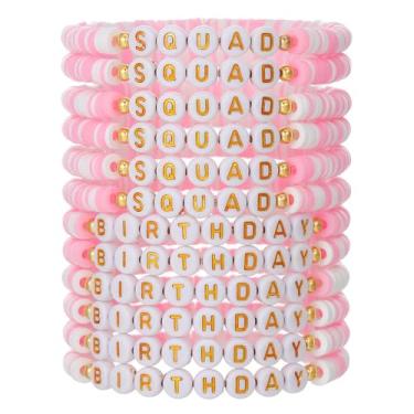Imagem de TETING GINING Conjunto de 12 pulseiras de contas de argila rosa esquadrão de aniversário para mulheres joias, One Size, argila, Sem Pedra Preciosa