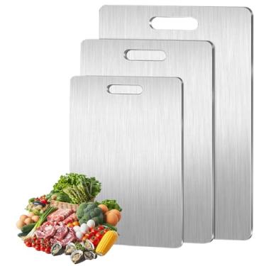 Imagem de ILID Tábua de Corte em Aço Inoxidável 304 Antimofo, Tábua de Carne e Cozinha com Alça Portátil - Superfície Lixada Antirruído, Fácil de Lavar (46x30cm)