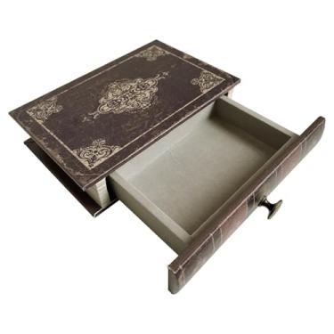 Imagem de XIAOAIKA Caixa de armazenamento de livros decorativa vintage com gaveta, acabamento de couro sintético marrom escuro envelhecido com padrão ornamentado, capa de lembrança oculta para mesa ou estante