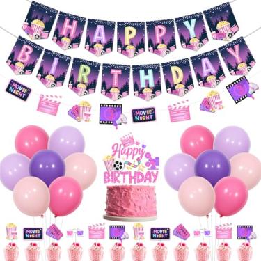 Imagem de kreat4joy Movie Night Party Decorations Girls, Movie Birthday Party Decorations Pink Happy Birthday Banner Garland Cupcake Cake Toppers Balloons for Movie Night Theater Decorations