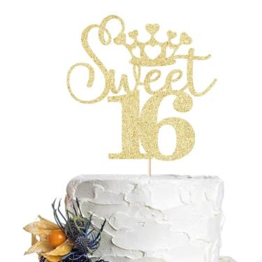 Imagem de Topo de bolo Sweet 16, tema de coroa - festa de aniversário de 16 anos, princesa menina 16/aniversário aniversário decoração de festa de casamento suprimentos - dourado (1)