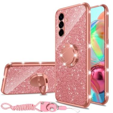 Imagem de nancheng Capa para celular Samsung Galaxy A56 5G meninas mulheres bonito glitter luxo macio silicone transparente capa com anel suporte alça cordão capa de proteção à prova de choque - ouro rosa