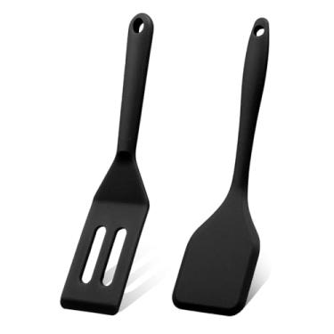Imagem de Conjunto de espátula de silicone para servir brownie flexível antiaderente espátula de cozinha resistente ao calor para virar ovos, crepe, bife, pizza, utensílio de cozinha (preto)
