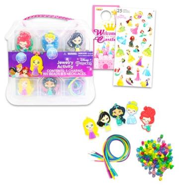 Imagem de Disney Kit de atividades de colar faça você mesmo para crianças – Conjunto com kit de fabricação de joias de princesa com miçangas e pingentes e adesivos, mais | Artes e artesanato de princesa Disney