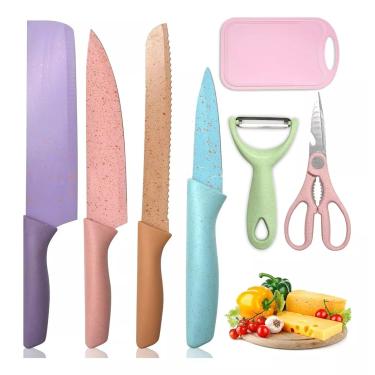 Imagem de Kit 6 Facas Coloridas Tábua Design Moderno Lâminas Afiadas Cor:Colorido