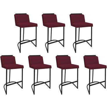 Imagem de Kit 07 Banquetas Com Encosto Nynna Luxo Confort Bistrô Cozinha Ferro Preto Suede Bordô - Amey Decor