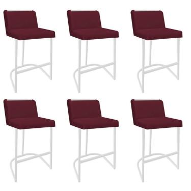 Imagem de Kit 06 Banquetas Com Encosto Confort Bistrô Cozinha Ferro Branco Suede Bordô Amey Decor
