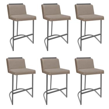 Imagem de Kit 06 Banquetas Com Encosto Nynna Luxo Confort Bistrô Cozinha Ferro Prata Suede Bege - Amey Decor