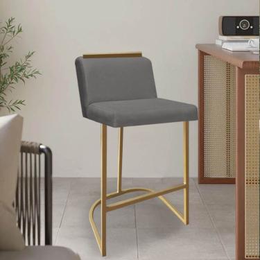Imagem de Banqueta Com Encosto Nynna Luxo Confort Bistrô Cozinha Ferro Dourado Suede Cinza - Amey Decor