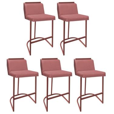 Imagem de Kit 05 Banquetas Com Encosto Confort Bistrô Cozinha Ferro Bronze Suede Rose Gold Amey Decor