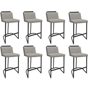 Imagem de Kit 08 Banquetas Com Encosto Nynna Luxo Confort Bistrô Cozinha Ferro Preto Linho Cru - Amey Decor