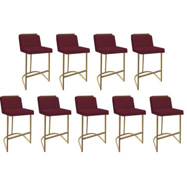 Imagem de Kit 09 Banquetas Com Encosto Confort Bistrô Cozinha Ferro Dourado Suede Bordô Amey Decor