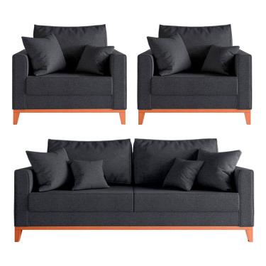 Imagem de Kit Sofá 2 Lugares E 2 Poltronas Beny Com Base De Madeira Linho Grafite