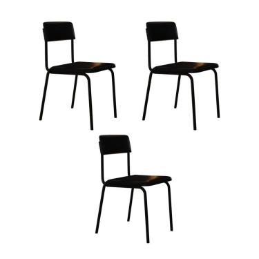 Imagem de Conjunto 3 Cadeiras Estofadas Fixa Empilhável Fit Preto - Preto Fosco