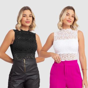 Imagem de Kit 2 Body Feminino Renda Sexual Guipir Gola Alta Moda Verão - Swisz, 