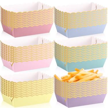 Imagem de Blushtier 60 bandejas de papel para barcos de comida colorida e recortada, suprimentos de festa, Kraft, descartáveis, bandejas de servir nacho com suporte de borda dourada para lanches, batatas fritas