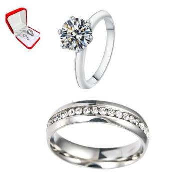 Imagem de Aliança Prata 6mm Risco Pedra Branca Namorados + Solitario 2mm Anel Pr