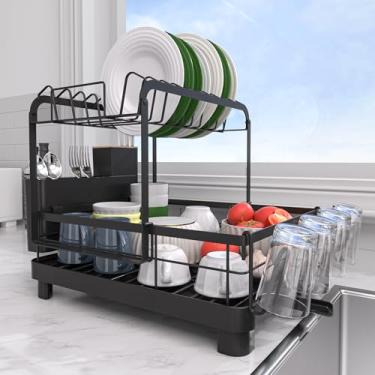 Imagem de Runnatal Escorredor de louça grande com conjunto de drenagem, escorredor de pratos de aço inoxidável, 4 em 1 destacável, grande capacidade, 2 camadas, escorredor de pratos antiferrugem para balcão de