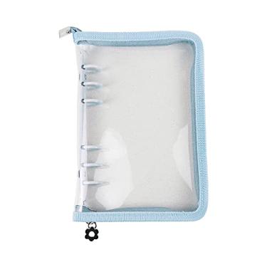Imagem de Pasta de fichário A6 recarregável, 6 anéis, pasta transparente e macia com zíper de PVC para fichário de papel de 6 furos (fecho de zíper azul)