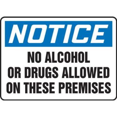 Imagem de Accuform Placa de alumínio MACC830VA, legenda "Não é permitido álcool ou drogas nestas instalações", 25,4 cm de comprimento x 35,5 cm de largura, azul/preto em branco