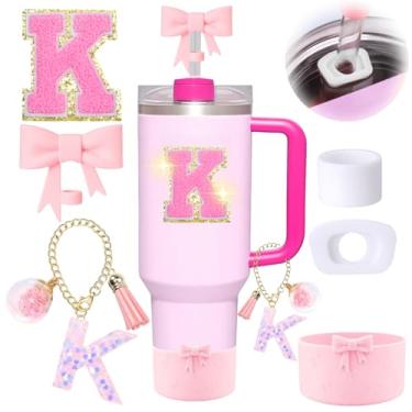 Imagem de 6 peças de acessórios rosa para copo Stanley, decorações para copo de 30/1,134 g com alça, inclui tampa e bota de cobertura de palha de laço, pingente de iniciais, adesivo de letra, tampa à prova de