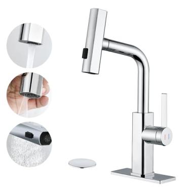 Imagem de BARROCK Torneiras de banheiro cromadas com pulverizador de puxar, torneira de pia de vaso alto com ralo pop-up e escudo para vaidade de 1 ou 3 furos, torneira pequena e moderna para trailer