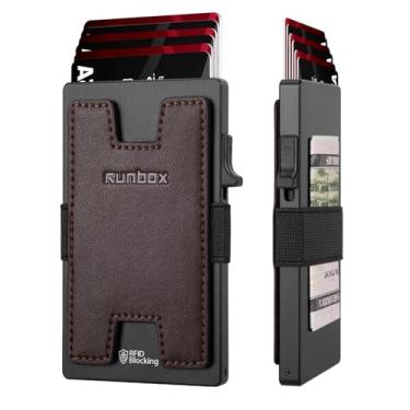 Imagem de Carteira masculina fina com porta-cartões minimalista com bloqueio de RFID com função pop-up, design ultrafino, estojos para cartões de visita de metal para mais de 12 cartões, presentes para homens