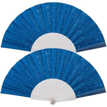 Imagem de Pacote com 2 leques de mão femininos com glitter e nervuras transparentes brilhantes – Ideal para casamento, igreja, festival, dança, festa de formatura, clube e acessórios EDM, azul royal