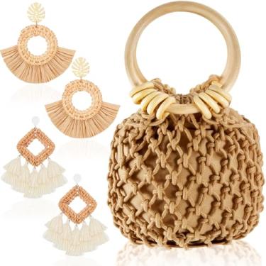 Imagem de Sweetude Mini bolsa clutch 2 pares de brincos de vime para mulheres, bolsa de mão com cordão, boêmia, Café