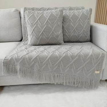 Imagem de Kit Manta Tricot Luxo 150x90cm + 2 Almofadas com Enchimento | Zíper Invisível | Fibra Siliconada | Sofá Sala | Xale Decorativo Elegante L05 (Cinza Grafite)