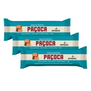 Imagem de Kit 3 Barra de Proteína Emana Sabor Paçoca com 12g de Proteína 40g