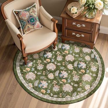 Imagem de jinchan Tapete redondo floral de 1,2 m para entrada, lavável, tapete de cozinha, design vintage romântico, antiderrapante, tapete interno leve e discreto para sala de estar, sala de jantar, quarto