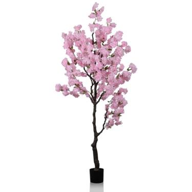 Imagem de Árvore de cerejeira rosa artificial com 2,12 m (210,8 cm) de altura, folhas de seda falsas, decoração de interiores, árvore de Sakura realista feita à mão para casamento, planta de cerejeira realista