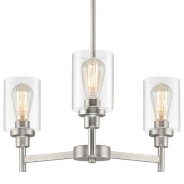 Imagem de LIGHTDAMY Lustres de níquel escovado com 3 luzes para sala de jantar, lustre de entrada para hall de entrada, luminárias de corredor com persiana de vidro para cozinha, ilha, hall de entrada, corredor