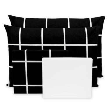 Imagem de Lençol Casal 4 pçs Estampado Percal Flex 400 Fios Toque Acetinado (Grid Preto - Branco)