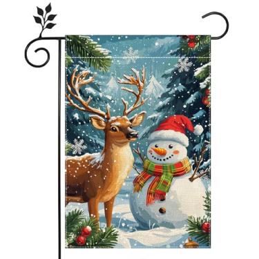 Imagem de Bandeira de jardim de boneco de neve de inverno para exterior de rena de Natal floco de neve bandeira de quintal de boas-vindas 30 x 46 cm serapilheira dupla face bandeira de férias casa de fazenda