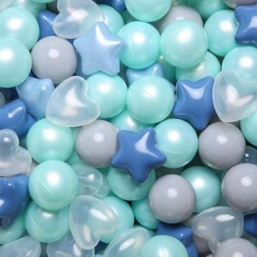 Imagem de GOGOSO Bolas de plástico para poços de bolas, formato de corações de estrelas para crianças pequenas, estrelas + bolas de coração, azul creme + azul pérola, 100 peças