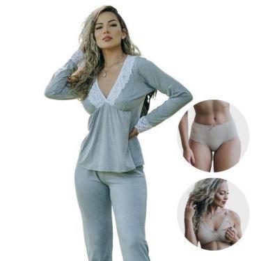 Imagem de Kit C/ 5 Peças 1 Pijama 2 Calcinhas Pós Parto e 2 Sutiãs Amamentação -