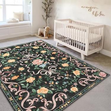 Imagem de YesRug Tapete floral preto para meninas, 12 x 18 cm, lavável para quarto, sala de estar, cozinha, sala de jantar, quarto de crianças, sala de jogos, bonito tapete ultrafino antiderrapante para