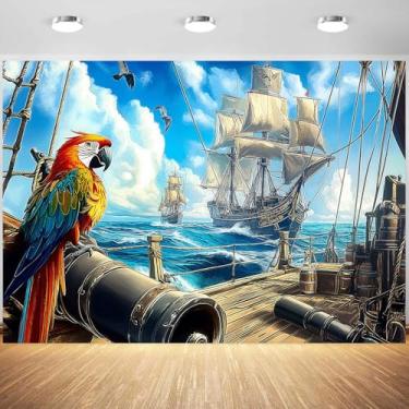 Imagem de Pano de fundo de navio pirata de 3 x 2,4 m, decorações de festa de pirata, leme de madeira, baús de tesouro, fotografia, tambores, papagaio, oceano, vintage, navio à vela, fundo de piratas náuticos