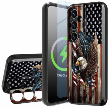 Imagem de FUYOCWE Capa magnética para Samsung Galaxy S25 Plus com protetor de tela, compatível com Magsafe Galaxy 25+/24 Plus com proteção total da câmera e capa de câmera Stand-Bald Eagle com bandeira