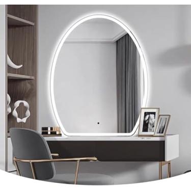 Imagem de Espelho De Parede Oval Irregular Iluminado Por Led Espelho De Vaidade Sem Moldura Espelho De Maquiagem Hd à Prova De Explosão Branco Frio Luz Quente Brilho Ajustável, White Light, 60X72cm