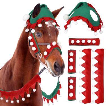 Imagem de SilTriangle 6 peças de acessório de fantasia de cavalo de Natal, incluindo chapéu de cavalo de elfo de férias com 3 capas de freio frente única e 2 capas de rédeas para sessão de fotos de equitação de