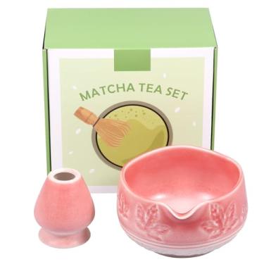 Imagem de ZJRDYYK Tigela Matcha de cerâmica e suporte de batedor, tigela Matcha de 500 ml com bico, suporte Matcha Chasen, presente para amantes de chá (rosa)