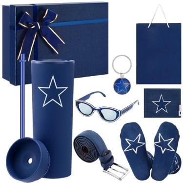 Imagem de Potchen Conjunto de 8 peças para presente de fã de futebol de Natal azul copo de futebol meias óculos cinto chaveiro carteira caixa de presente presentes de aniversário para homens pai namorado marido