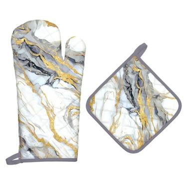 Imagem de Arquiel Conjunto de luvas de forno e suportes de panela de mármore ouro branco, 2 peças, 100% algodão, resistentes ao calor, luvas de forno extralongas para cozinha, cozinha, decoração de panificação