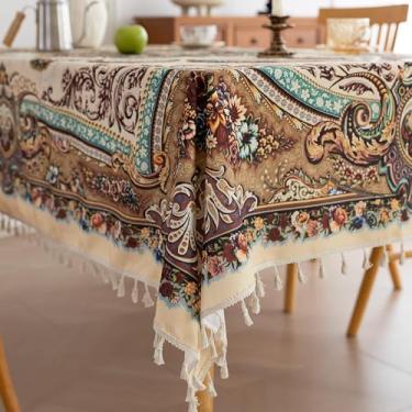 Imagem de Erbnaryx Toalha de mesa com estampa de bloco manual para mesas quadradas, bordas com franjas com padrão árabe, toalha de mesa decorativa para cozinha, sala de jantar, 150 x 178 cm